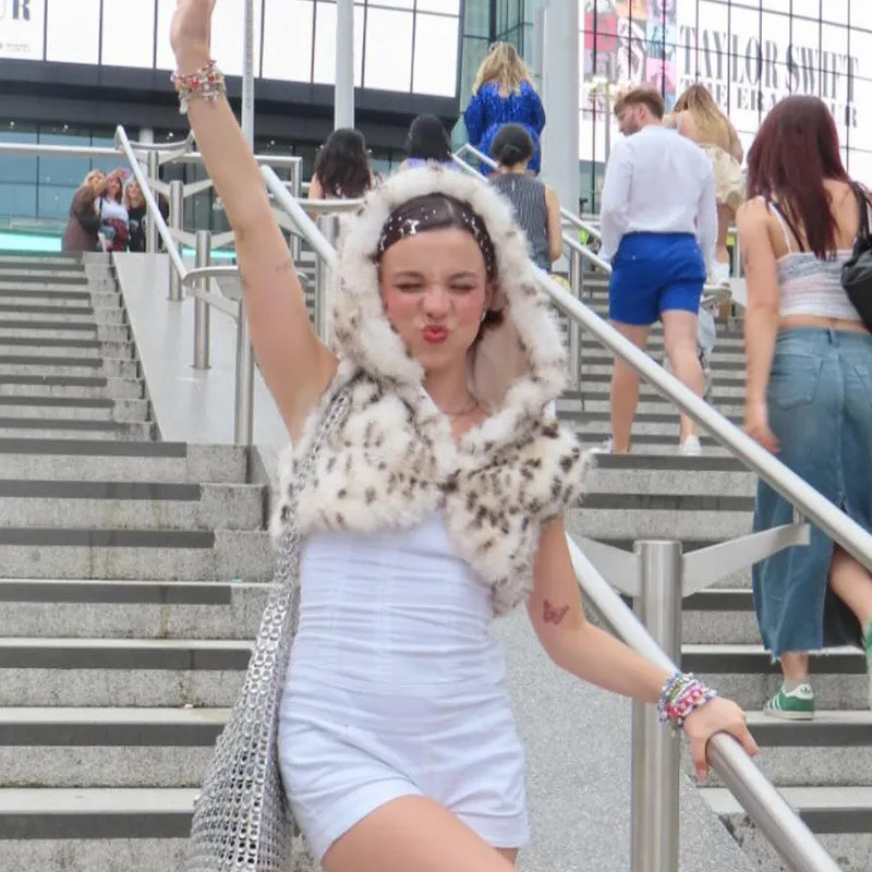 เสื้อกั๊กแฟชั่น DSMTRC ลายเสือดาว ขนเทียม มีฮู้ด เสื้อผ้าผู้หญิง สตรีทแวร์ เสื้อครอปแขนกุด เซ็กซี่ ชุดเที่ยวกลางคืน