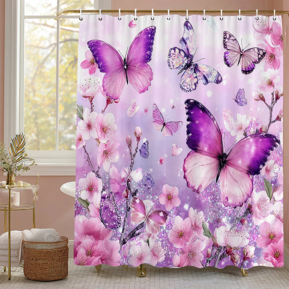 Pink Colour Floral Plant Butterflies Shower Curtain, Bathroom Decorative Shower Curtain, Waterproof Shower Curtain with Hooks
