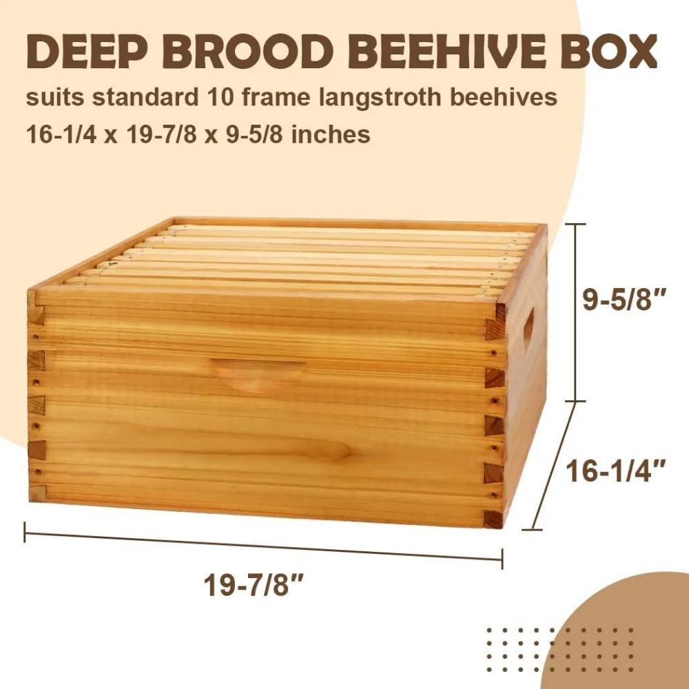 10 Frame Bee Hive Box, Langstroth Deep Brood Bee Box Dipped in 100% Beeswax Include Beehive Frames and Waxed Foundation