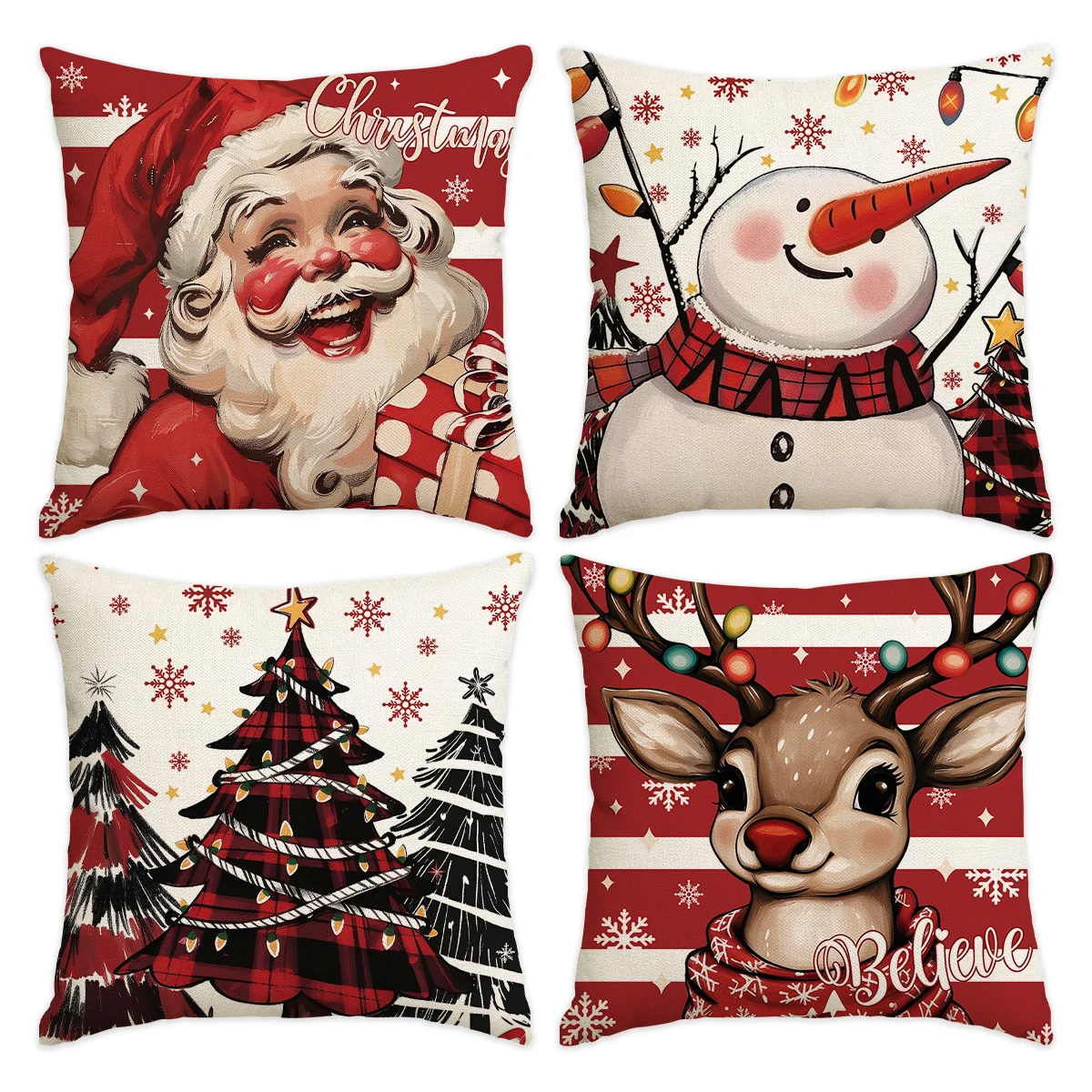 4pcs Christmas Pillow Covers, Vintage Santa Claus & Cartoon Reindeer Pattern Sofa Throw Pillow Cases, Home Holiday Decorations