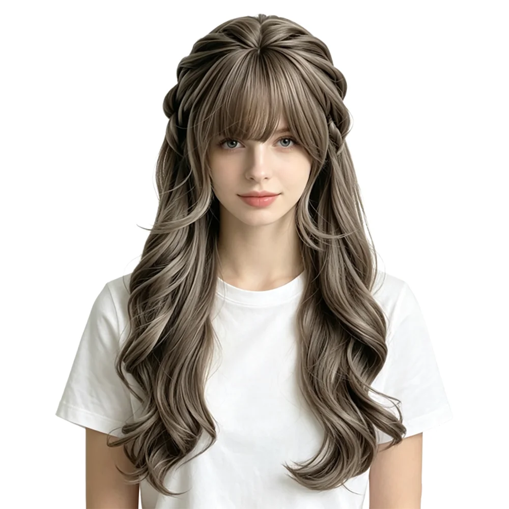 Pre-Styled Side Braided Long Wavy Wig With Fringe Ash Brown Wave Wig Sweet Heat Resistant Synthetic Hair For Women Party Daily
