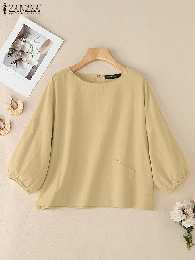 ZANZEA Casualowe bawełniane bluzki damskie Oversize z dekoltem O-Neck, rękawem 3/4 typu latarnia, Blusas Mujer, wiosna-jesień 2025, luźne bluzki w jednolitym kolorze