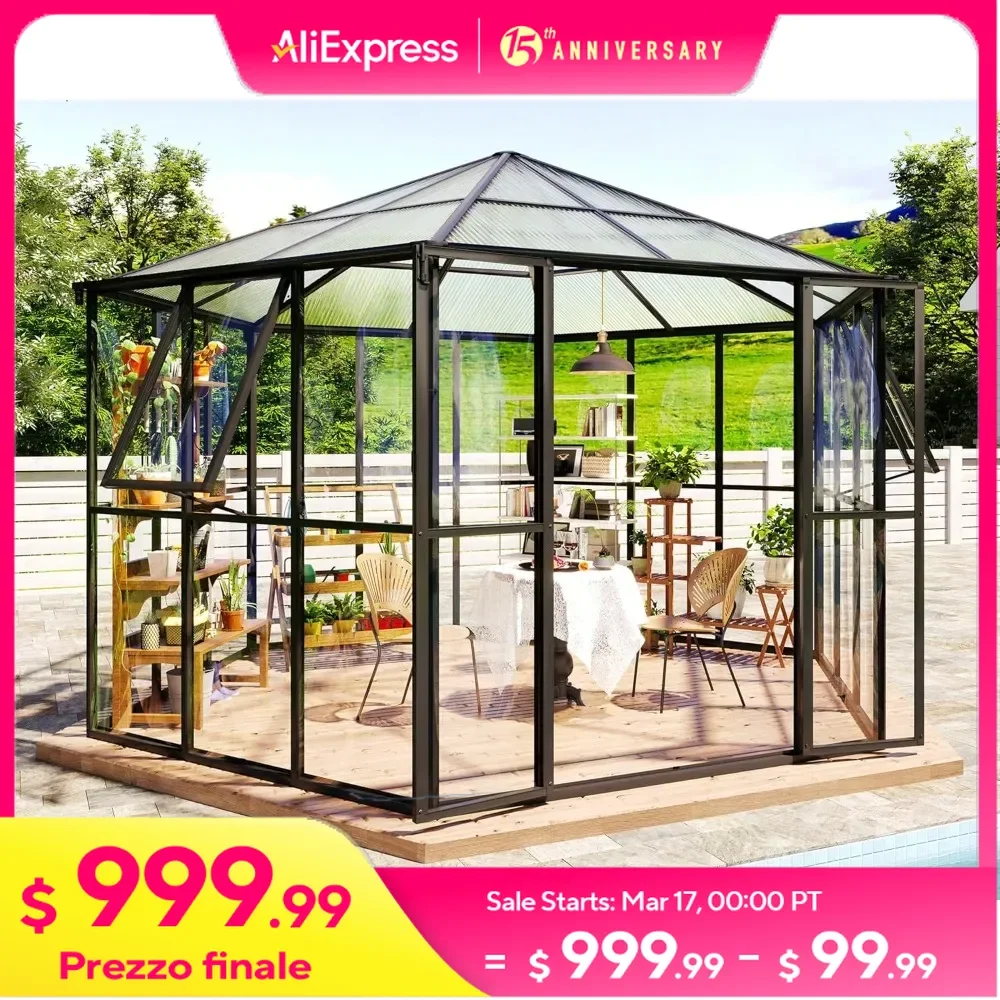 12x10x8 FT Greenhouse with Quick-Connect Fittings, 2 Vents, 2 Swing Doors, Outdoor Hexagonal Walk-in Aluminum Greenhouse