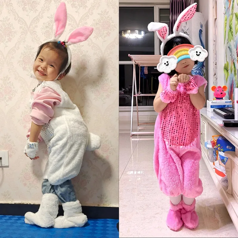 Disfraz de conejo blanco para niños y niñas, ropa de espectáculo de animales para Halloween, 4 piezas, Lobo, conejo de pascua, baile