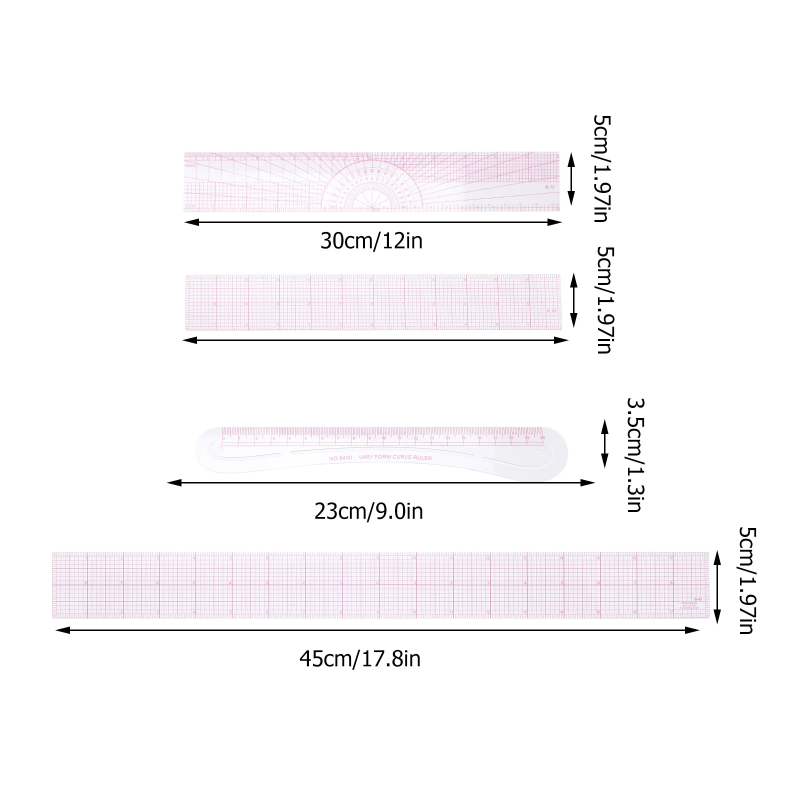 4 Pcs Drawing Ruler Sewing Cutting Grid Metric Plastic Rulers and Guides for Fabric Curve Pattern Making