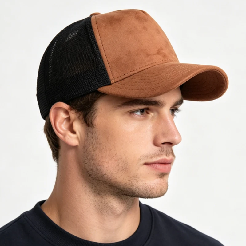 Suede Mesh Trucker Hat Structured Breathable Adjustable Baseball Cap for Men and Women
