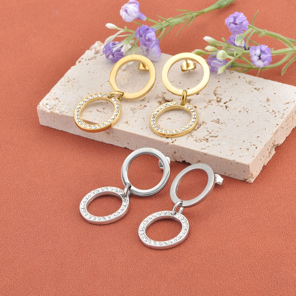 JeeMango Luxus-Design-Strass-Edelstahl-Ohrringe für Damen, vergoldet, runde baumelnde Ohrringe, kein Anlaufen, Schmuck E26010