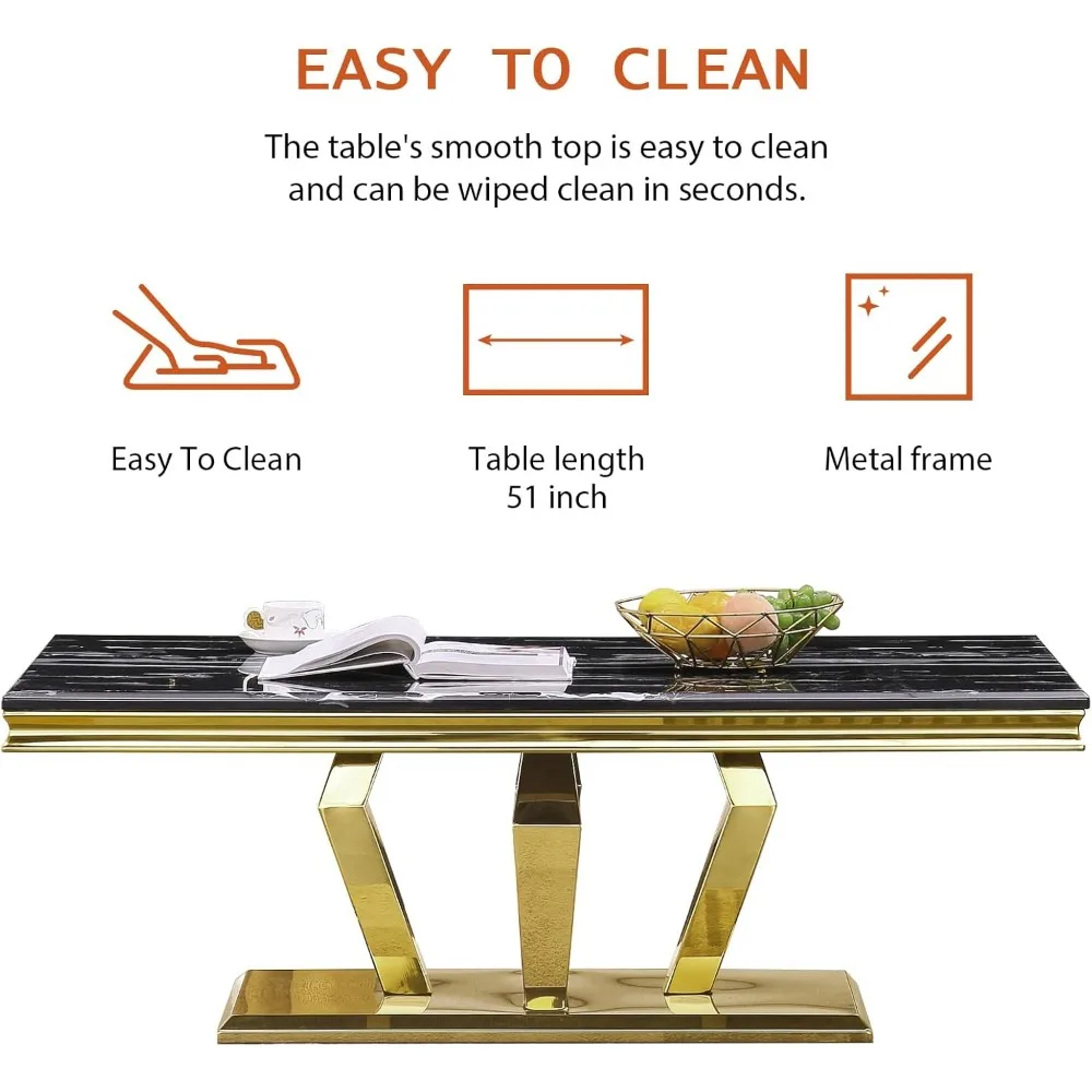 ゴールドコーヒーテーブル、黒とゴールドのコーヒーテーブル、4つの幾何学的なミラーベース付き、金属フレーム付きの長方形ティーテーブル
