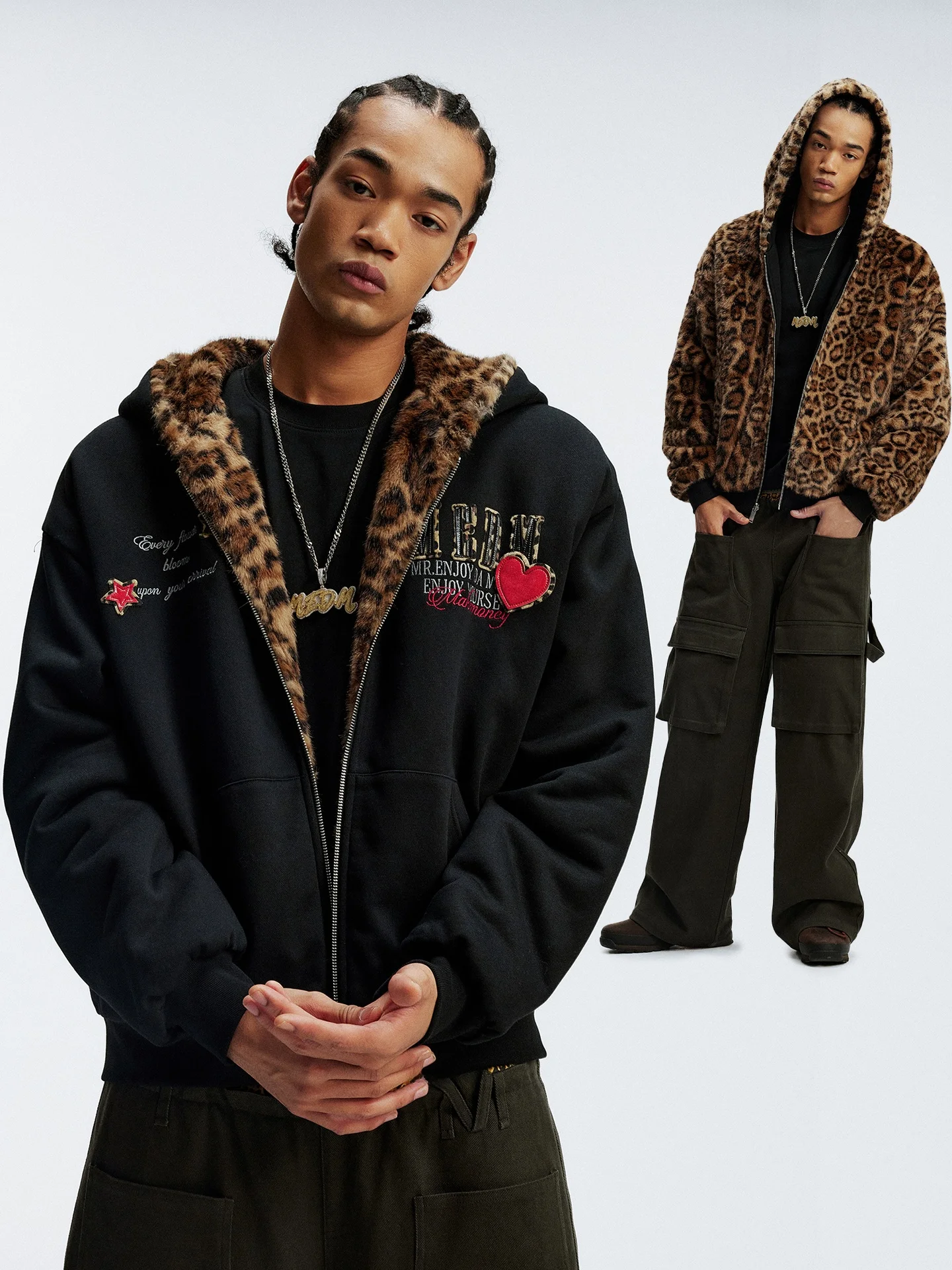 

Double-Sided Wear American Style Cotton Jacket MEDM Painted Leather Hair Hoodie Zipper Casual Warm Heart Couple Coat