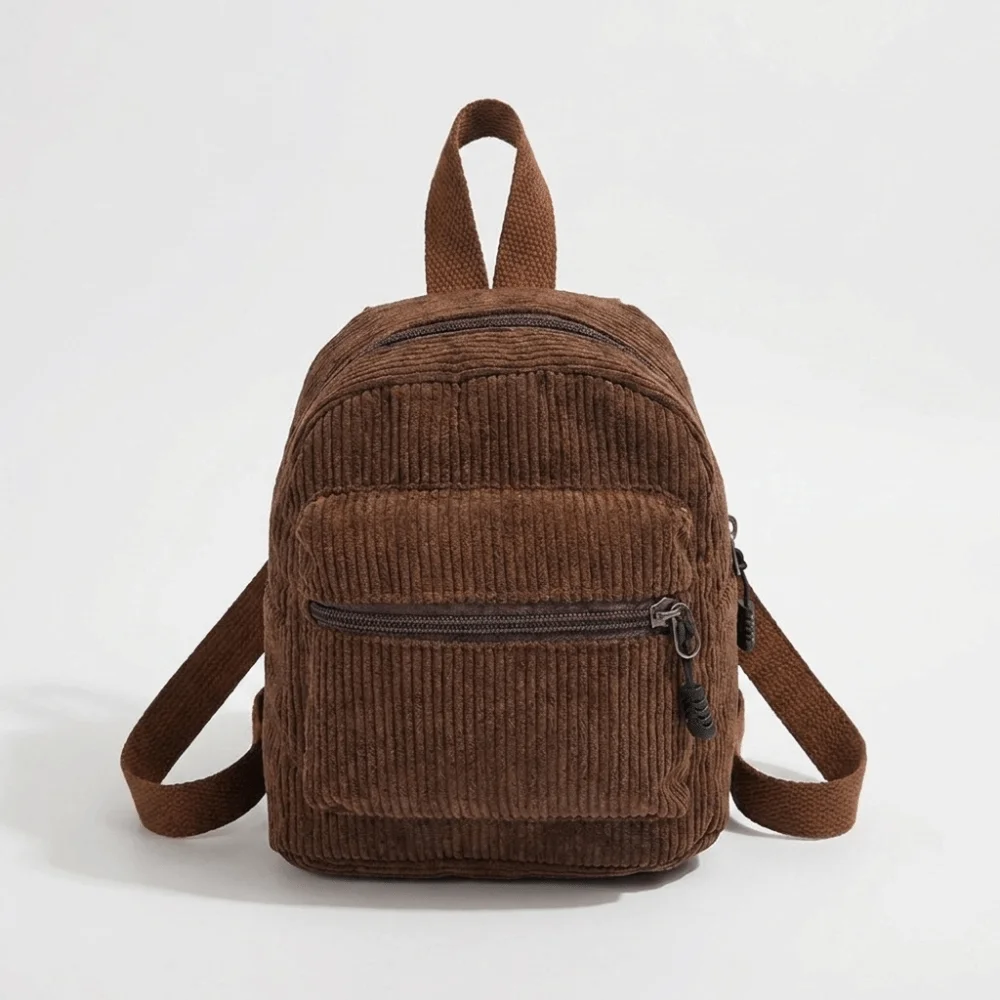 Korean Style Solid Color Corduroy Mini Backpack Lightweight Multi Pocket Double Shoulder Bag Vintage Zipper Daypack College
