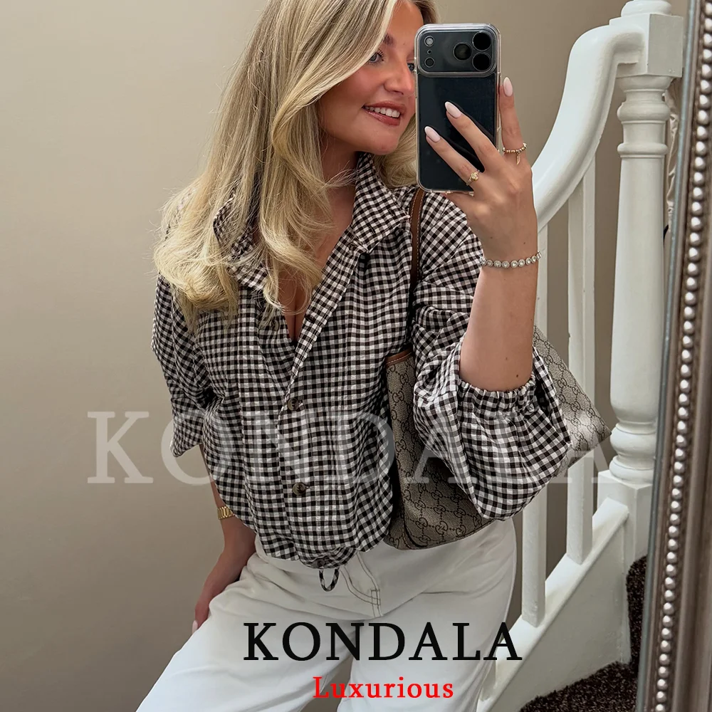 KONDALA Streetwear Casual Chic Women Jacket Plaid Stand Collar Single Breasted Jacket New Fashion 2026 Autumn Night Out Jacket