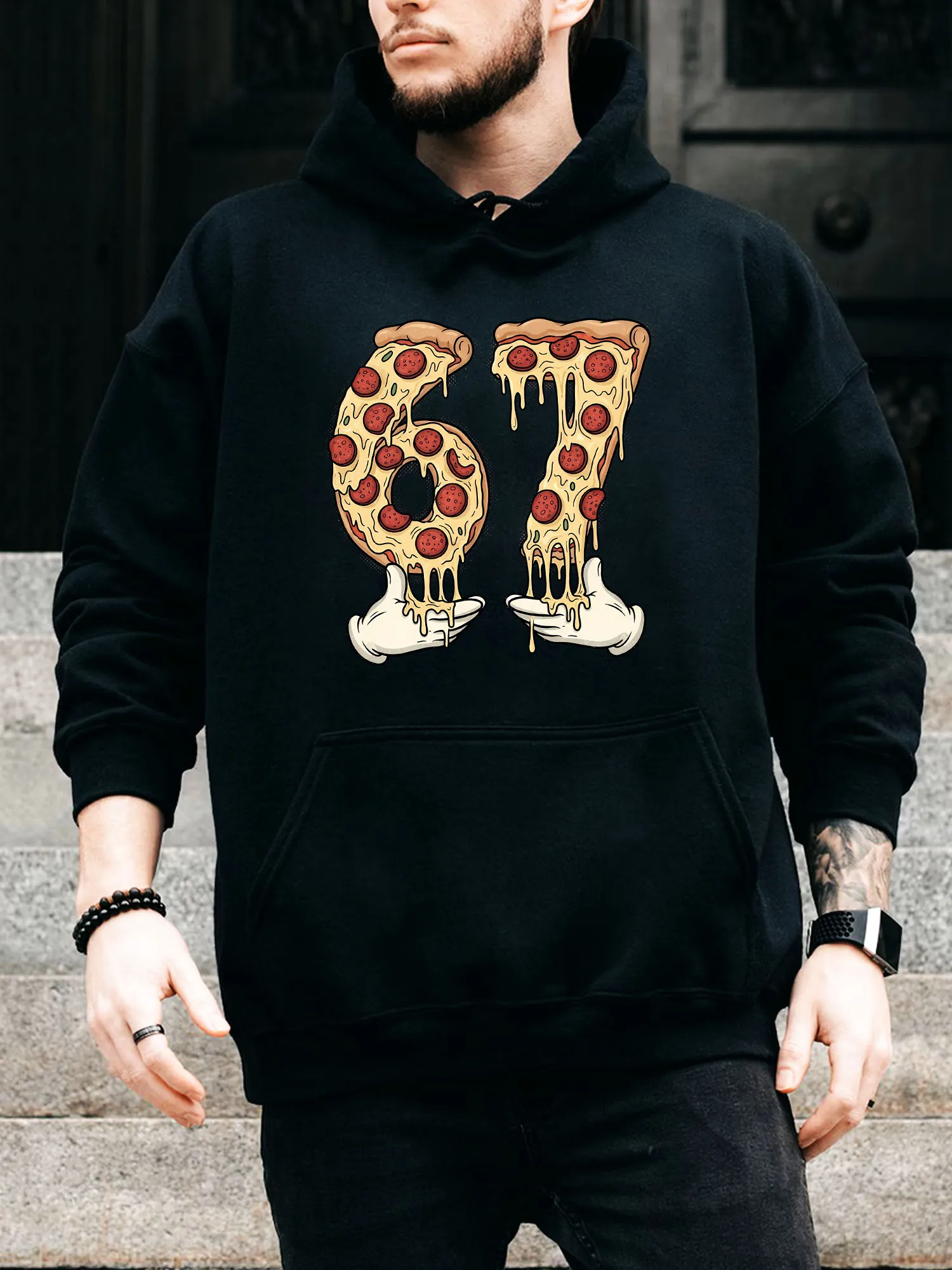 سترة بقلنسوة برباط للرجال من Pizza Meme Six Seven - بلوفر أسود مريح كاجوال، سترة بغطاء للرأس للخريف والشتاء #1