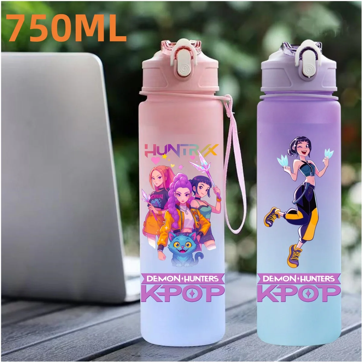 

750ML KPop Demon Hunters Anime Sports Water Bottle Leak Proof Colorful Straw Cup Portable Outdoor Sport Fitness Drinking Bottle