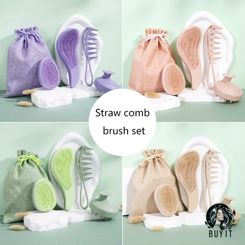 

Wheat Straw Four-piece Set Egg Comb Home Massage Comb Straight Hair Curly Hair Shampoo Brush Set Styling Comb