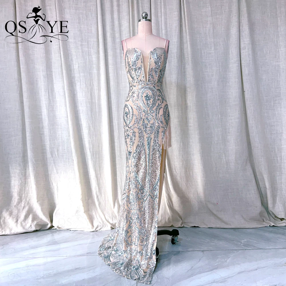 

Silver Pattern Lace Evening Dresses Beading Split Luxury Sequined Long Mermaid Prom Gown Nude Lining Glitter Sexy Party Dress