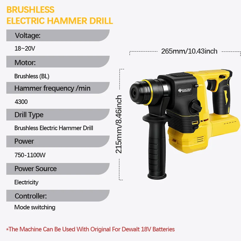 EGOD Brushless Hammer Drill 4300RPM Intelligent Adjustable Speed High Power Multifunction Cordless Power Tool Fit DeWalt 18V Bat