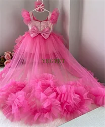 Fluffy Baby Girl Dress with Long Detachable Train Little Princess Hot Pink Birthday Gown Flower Girl Dress Child 12M-14T