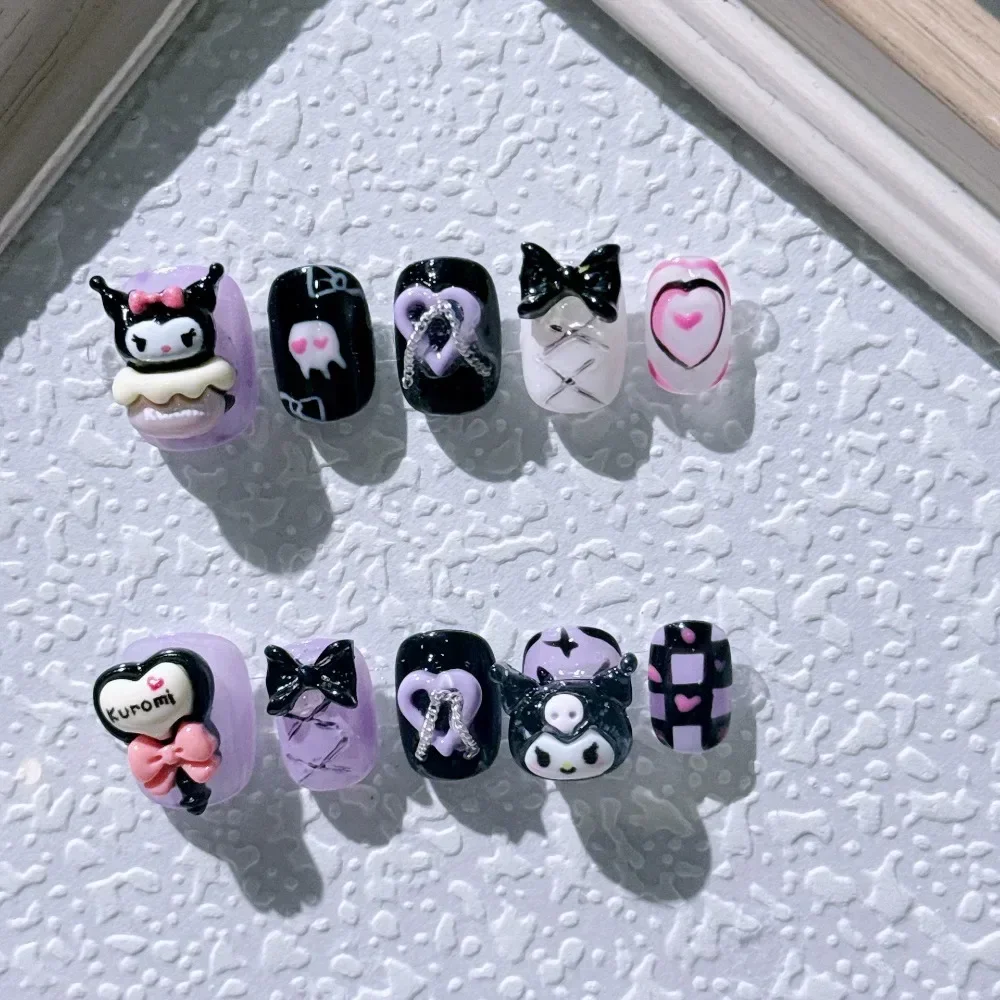 

Sweet Kawaii Miniso Anime Short Nail Stickers Cute Kuromi Cartoon Black Hand worn Nail Finger Diy Decoration Gifts for Girls