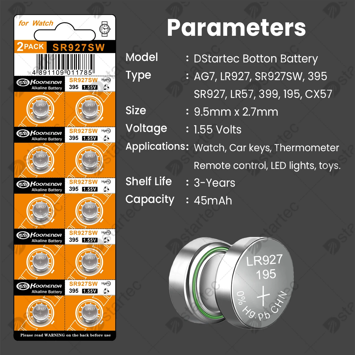 Koonenda 45mAh LR927 AG7 Alkaline Button Batteries, L926F SR927SW 395A 395 195 399 SR927 1.55V Coin Cell for Watch Clock Remote