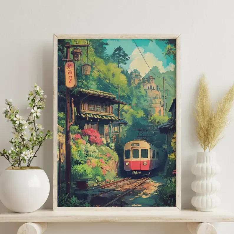 Anime Style Train Journey Canvas Poster Japanese Train Travel Natural Wall Art Poster for Modern Living Room Bedroom Home Decor