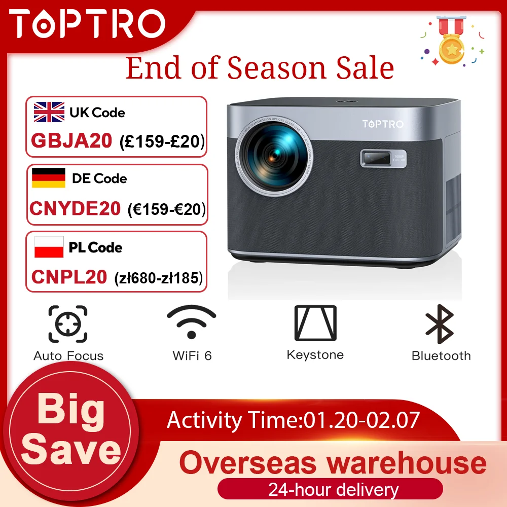 TOPTRO Projector 4K Android 9.0 26000 Lumens native 1080P WiFi6 Bluetooth Projector Auto Focus/Keystone Outdoor Home Theater