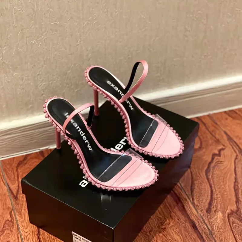 High Heel Sandals 2023 European and American Sexy Rhinester Fine Heel Transparent Leather Sexy One Line with Flip-flops