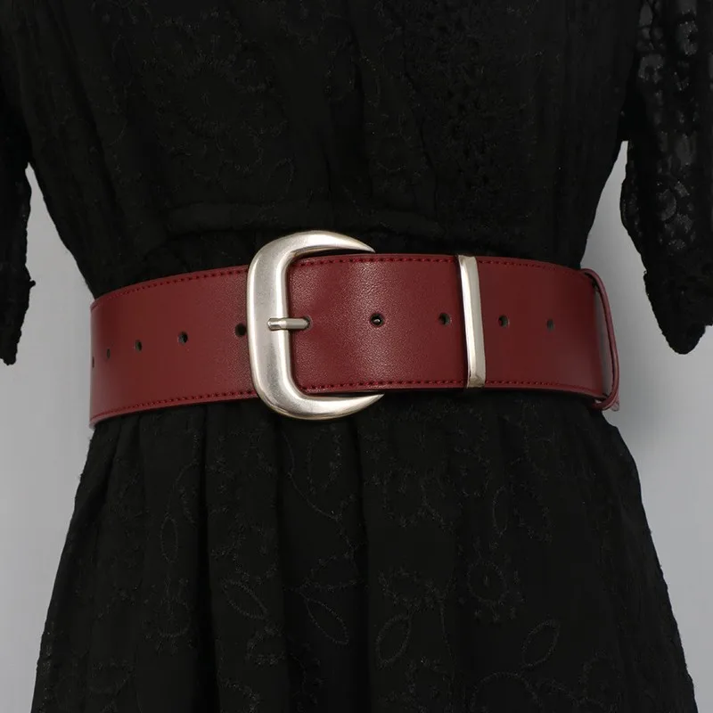 

New Silver Buckle Leather Cowhide Simple Red Light Luxury Belt for Women, Vintage Paired with Dress Jacket Waist Belt ins