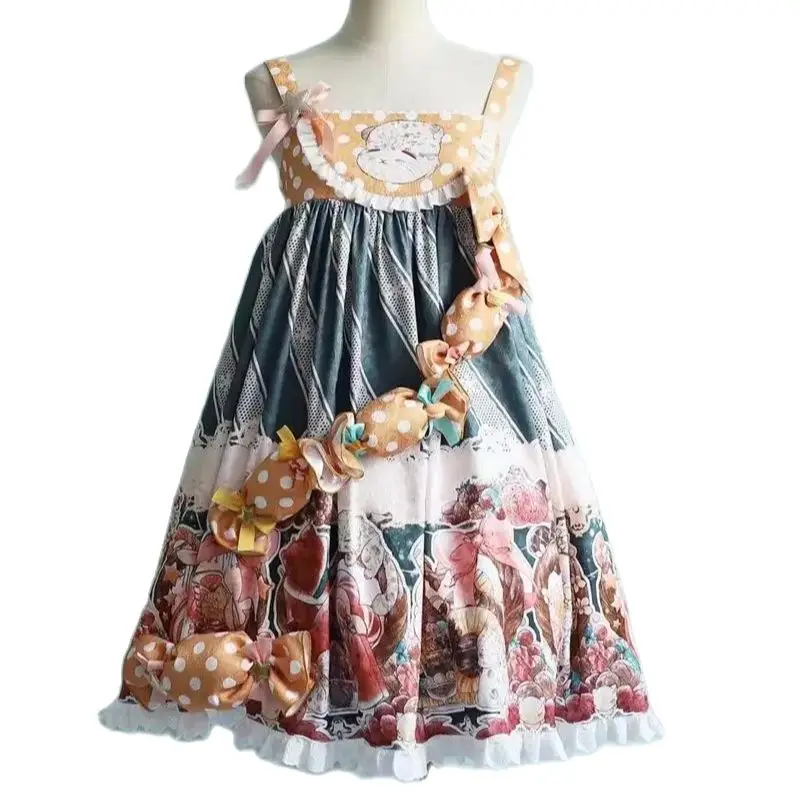 Japan Dessert House Sweet Women's Lolita JSK OP Dress Short Sleeve Long Sleeve Dress Cute Puffy Sleeve Lace Bows Trim Dress