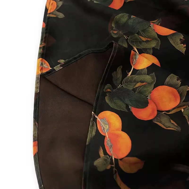 Birdtree, sukienka z jedwabiu morwowego 60 mm, 100% jedwab, damska sukienka z ciężkiego satyny z gazy Xiangyun, nadruk persymony, nowość na lato 2025 D5D517JF