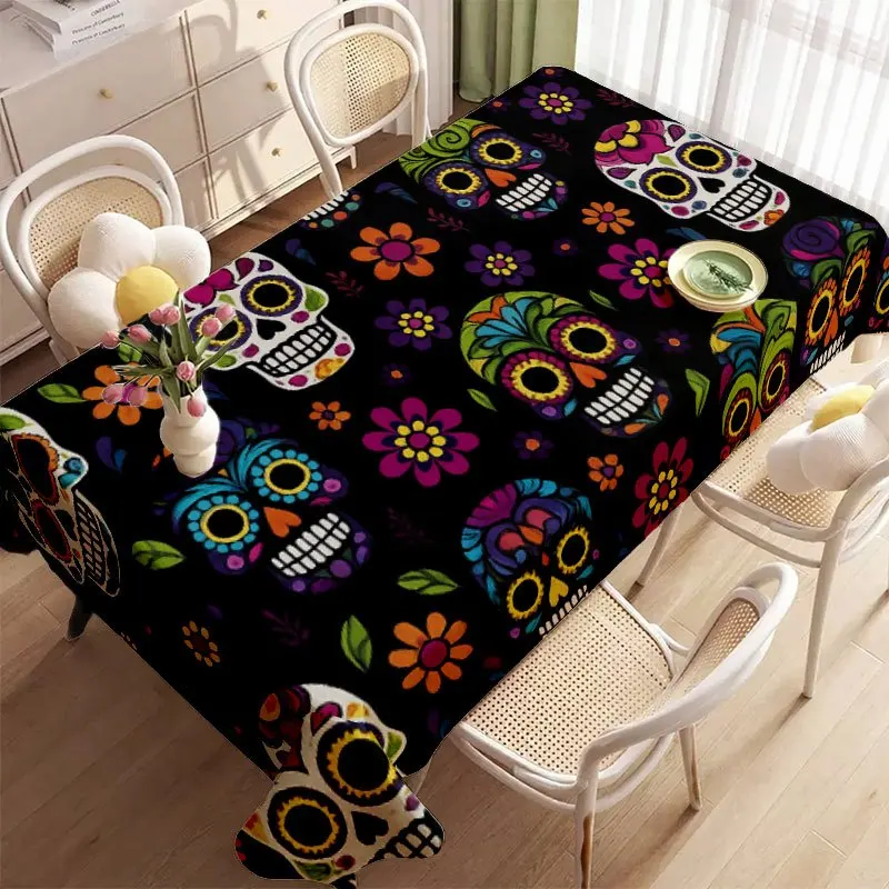 1pc Soft Fashionable Aesthetic Colorful Skull Flower Pattern Tablecloth, Machine Washable, Suitable for Dining Table/Coffee Tabl