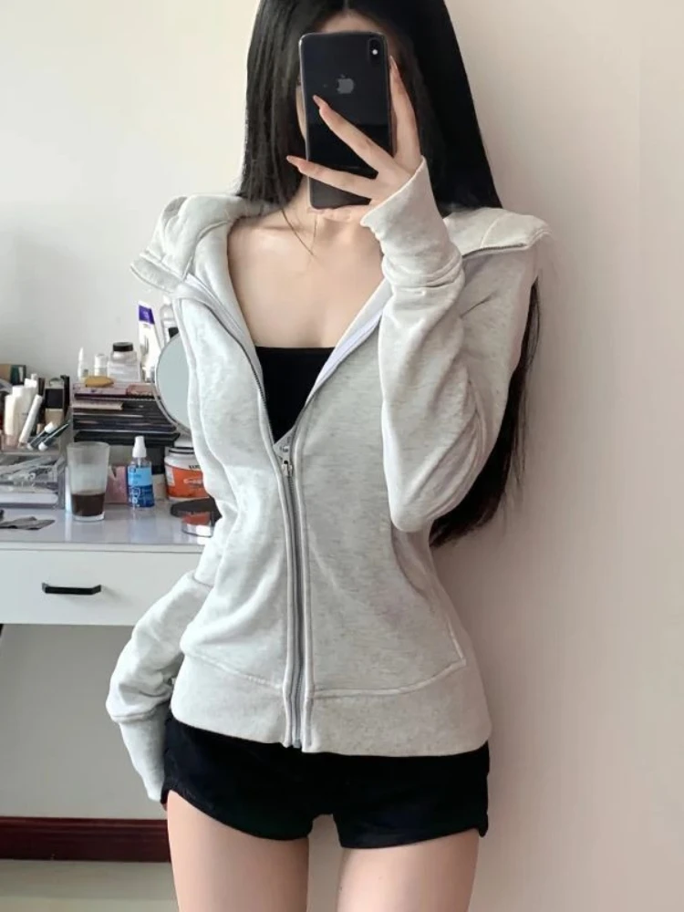 Ciemnoszara bluza z kapturem na zamek błyskawiczny w stylu amerykańskim, damska, jesienno-zimowa, sportowa, codzienna odzież uliczna, dopasowany krój, nowa kurtka/top.