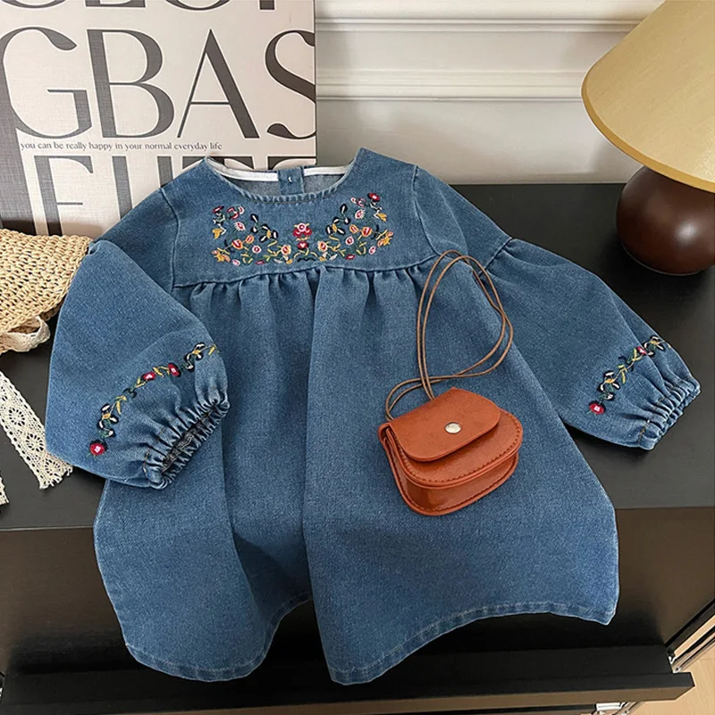

Children's Spring Denim Dress Autumn Girls Clothing Gown New 2025 Kids Embroidery Dresses Long-sleeved Vestidos 2-8 Years