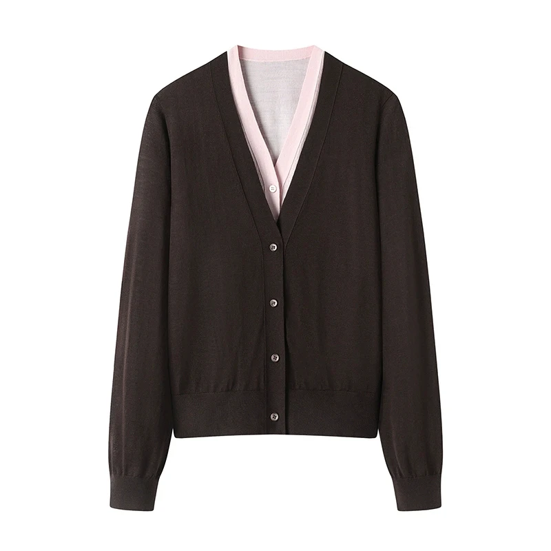 

MEELEX Classy Women 100% Merino Wool Sweater Fake Two-Pieces V-neck Cardigan Tops Comfy New Autumn Winter Warm Knitted Blouse