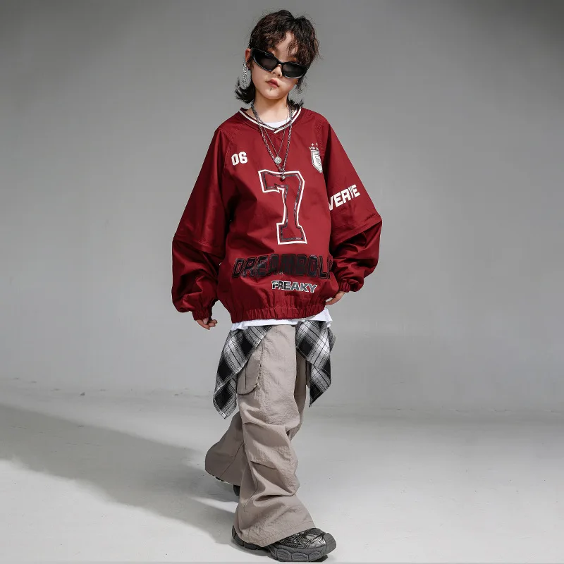 Kid Hip Hop Clothing Wine Red V Neck Elastic Hem Sweatshirt Gray Casual Wide Cargo Pants for Girl Boy Jazz Dance Costume Clothes
