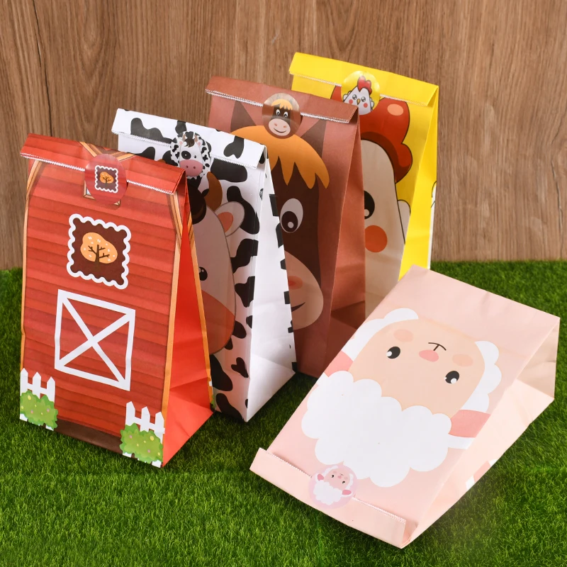 13pcs Farm Animal Gifts Bags Cow Cock Pig Sheep Candy Paper Bags Barnyard Theme Birthday Party Supplies Kid Gifts Decor Supplies