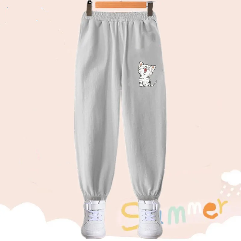 Children\'s Cute Cat Print Anti-mosquito Pants Summer Girls Cotton Thin Trousers Candy Sports Pants Baby Bloomers Tracksuit