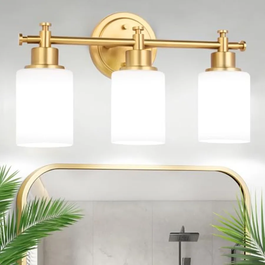 

3-Light Bathroom Vanity Light, Brushed Gold Vanity Lights for Bathroom, Modern Champagne Gold Wall Sconce with White Glass Shad