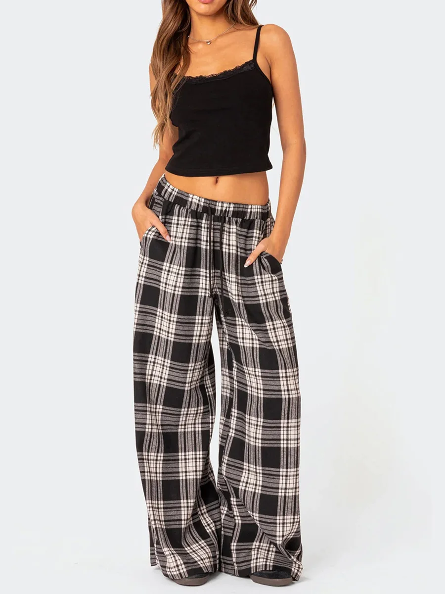 Women Y2k Oversize Pants Sweatpants Summer Fashion Plaid Casual Pants Elastic High Waist Casual Pockets Pajama Pants Streetwear