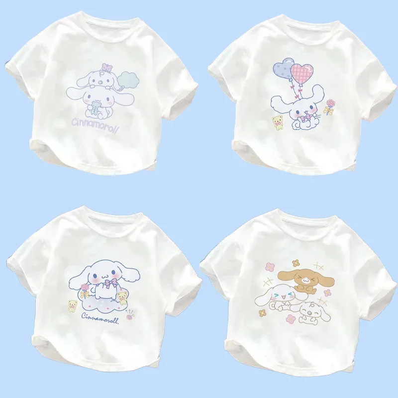 Sanrio Anime Cinnamoroll Doll Printed Children's Short Sleeved Top Cartoon Kawaii Baby Kids Summer Cotton T-shirt Cute Girl Gift