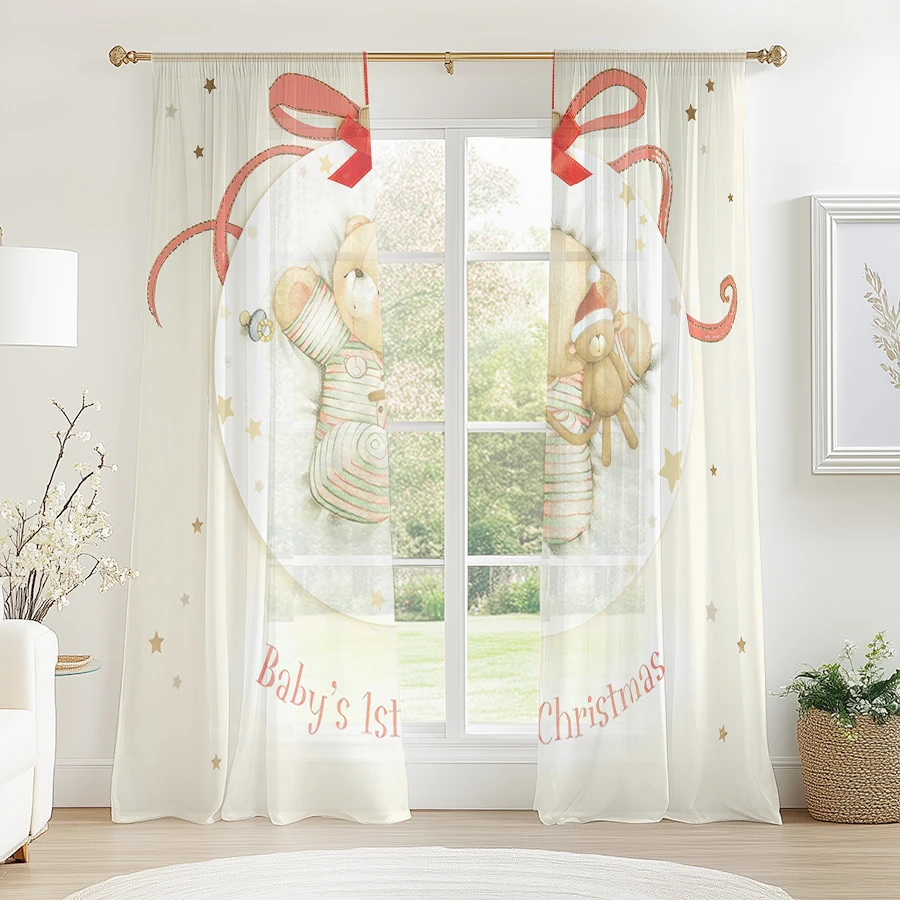 2PCS Christmas Sheer Curtains, Cute Mouse Red Bow, Digital Print, Bedroom Living Room, Rod Pocket Polyester, Home Decor