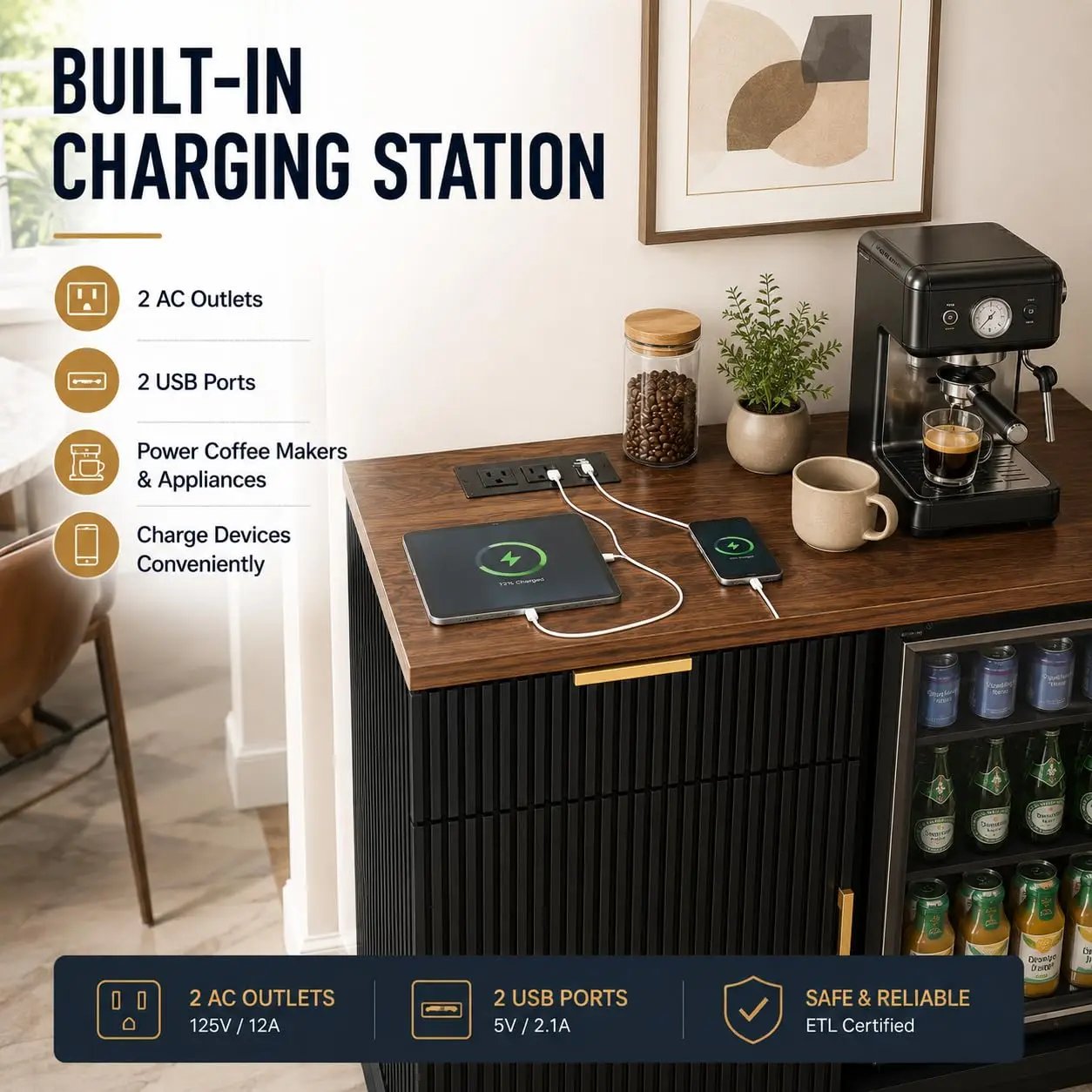 Coffee Bar Cabinet with Fridge Space & Power Outlet, Fluted Sideboard with Drawer & Shelf for Home Kitchen Dining, Customized - view 5