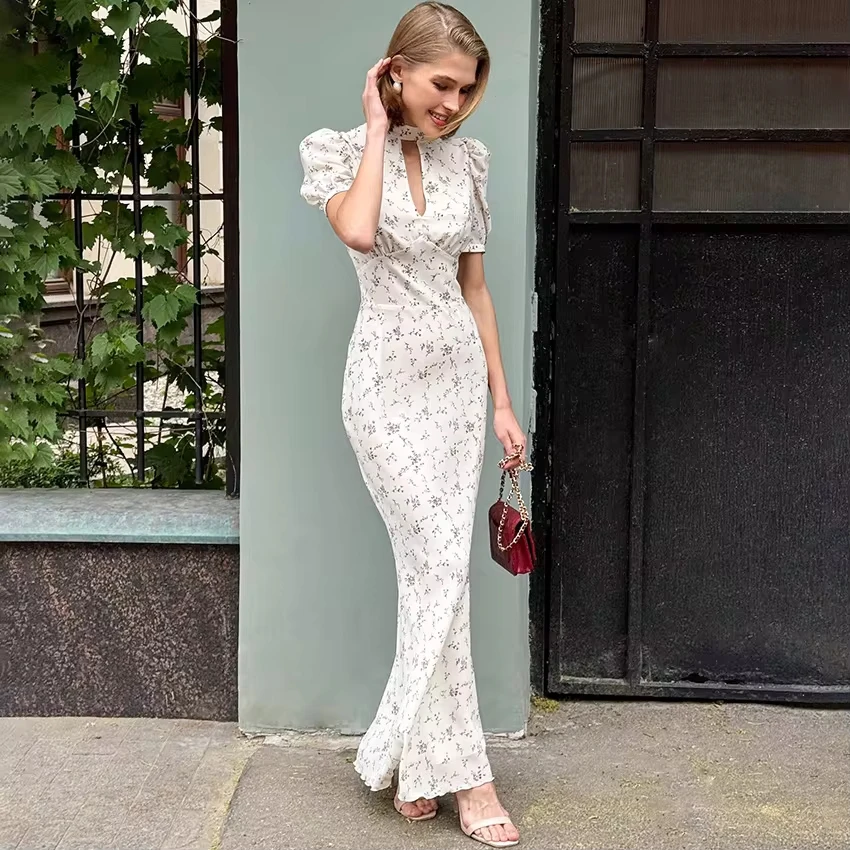 

2026 Summer Elegant Print Long Dress Vintage High Waist Puff Sleeve Dresses Lady Casual Chiffon Turtleneck Dress For Women
