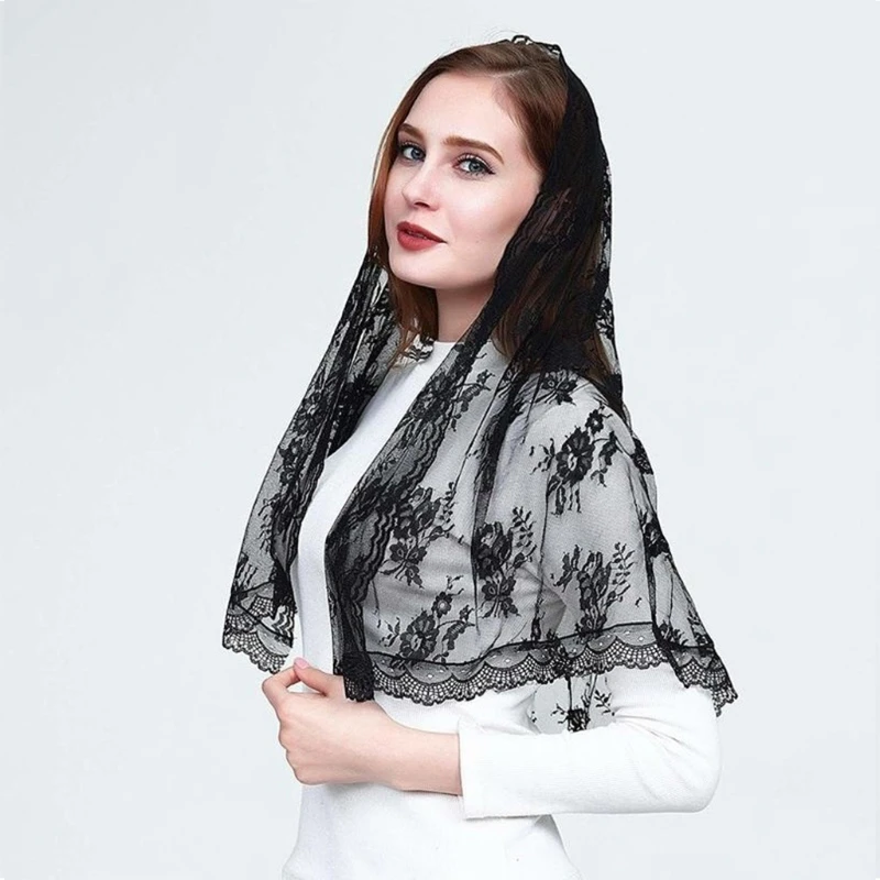 Lace Mantilla Veil Soft & Comfortable Spanish Exquisite Floral Sheer Veils Head Covering for Women/Girls Black