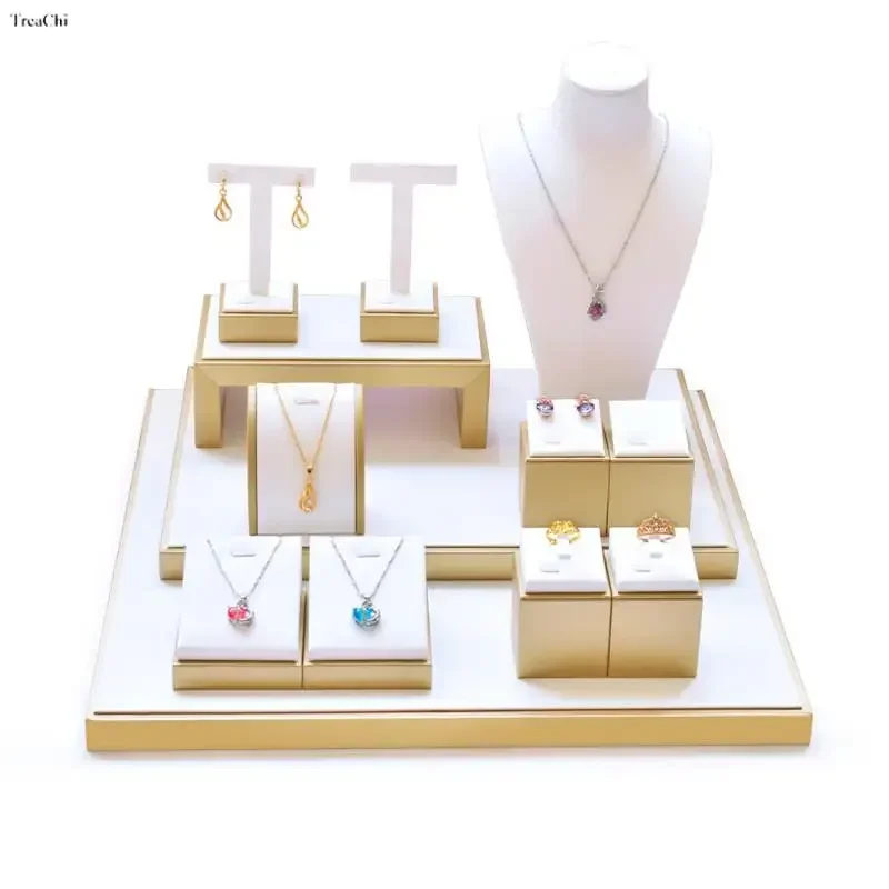 White Leather Necklace Display Stand Gold Jewelry Display Props Ring Earrings Jewelry Stand Jewelry Counter Window Display Set