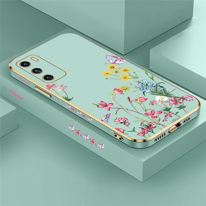 P Smart 2021 Plus Z Pro 2019 Case Fashion Flower Pattern Cover For Huawei P20 P40 Lite 4G 5G P30 Pro Plating Silicone Capa