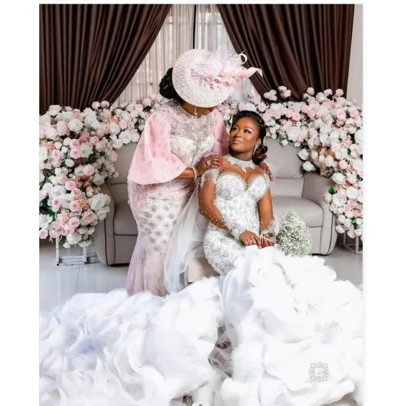 Suknia ślubna plus size na zamówienie 2025, warstwowe falbany, iluzoryczne długie rękawy, perły, kryształki, suknia balowa, arabska suknia ślubna