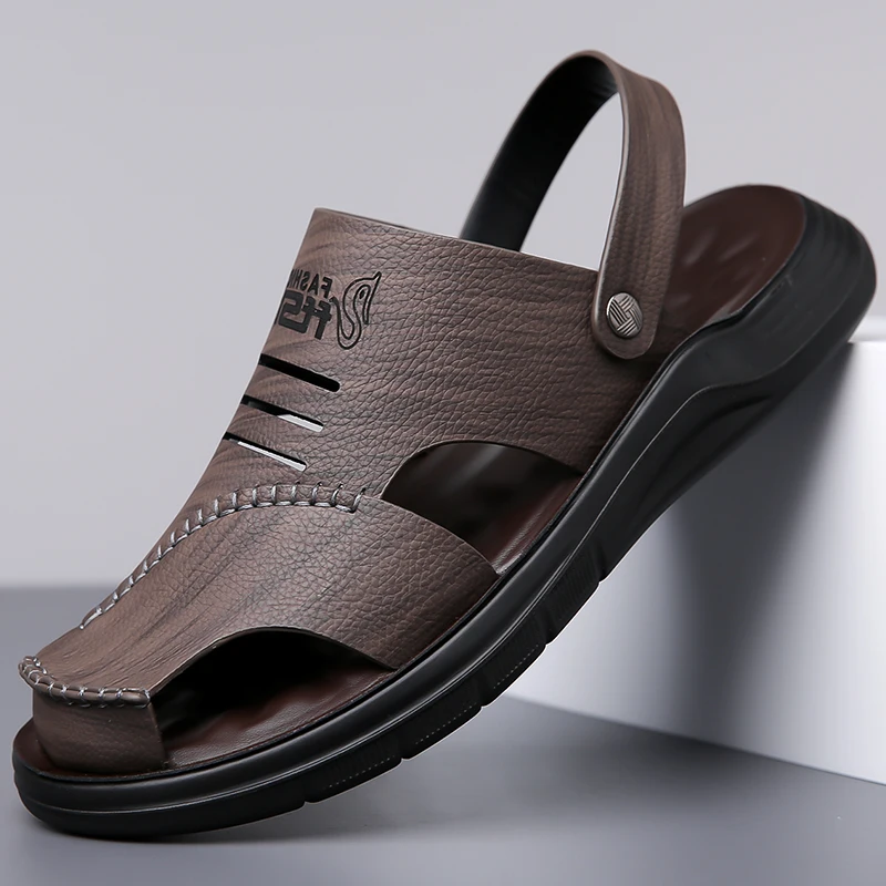 

Summer Casual Two-way Wear Genuine Leather Slippers Outdoor Beach Sandals