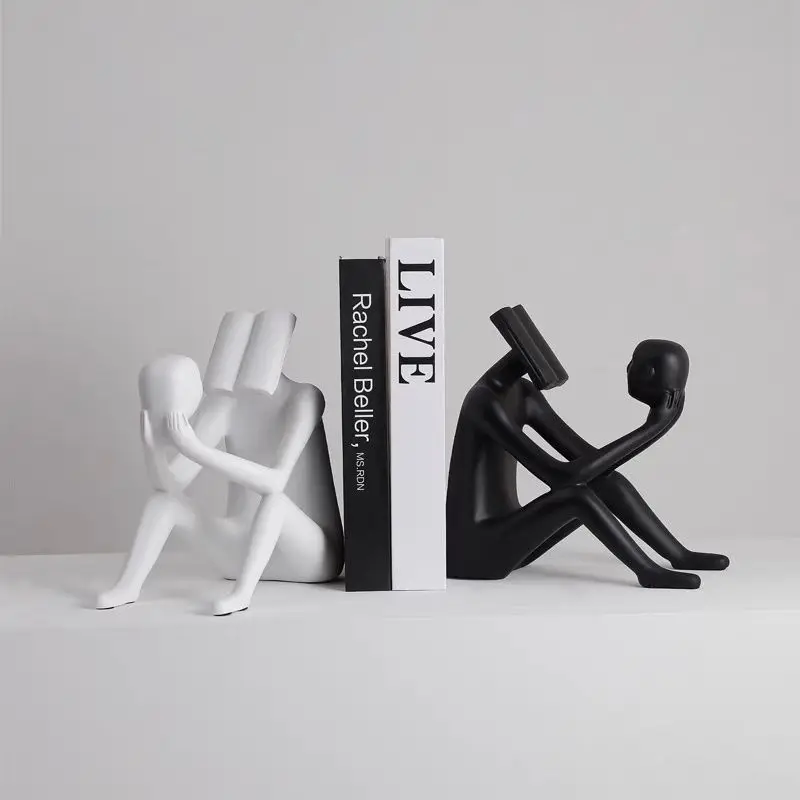 Figurine de lecture assise nordique moderne, décor doux pour salle modèle, bureau de vente, Sculpture humaine noire et blanche, ornement de maison