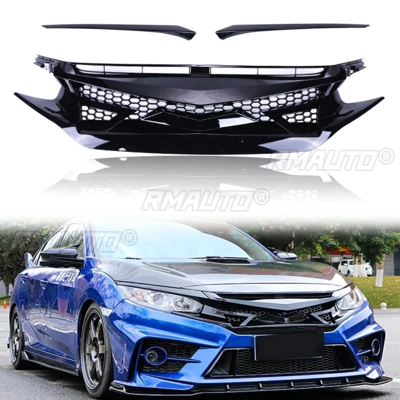 

RMAUTO JDM Battle Style ABS Gloss Black Car Front Hood Grille Racing Grill for Honda Civic 10TH GEN 2016-2019 Car Body Styling