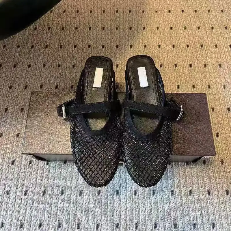 Designer Brand Original Mesh Rhinestone Toe Cap Half Slippers For Somen, Flat Bottomed Comfortable Ballet Shoes For Women